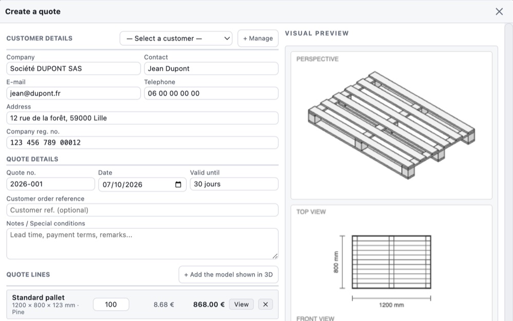 Oferta w PalletLab: klient, pozycje, marża i podgląd palety