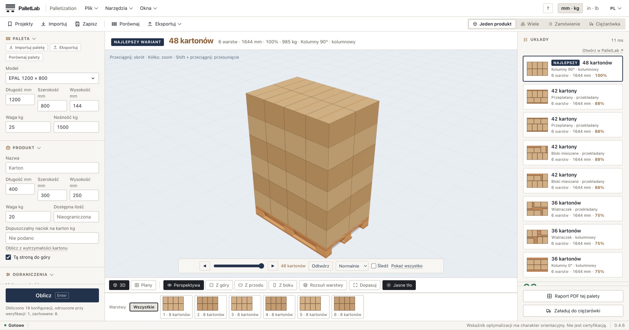 PalletLab Palletization: produkt, paleta w 3D warstwa po warstwie oraz obliczone i uszeregowane układy